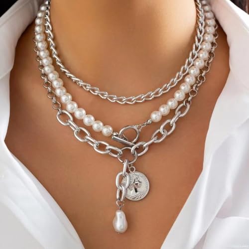 Chunky Layered Pearl Necklaces Set for Women Big Coin OT Choker Necklace | Gold,silver,layering,pearls,stack,pearl jewelry,drop,baroque,buckle,beaded,chain,statement,clasp,toggle,accessories,gift - color: Color-2