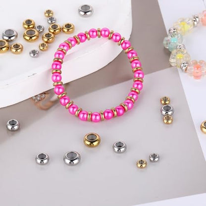 30Pcs Stainless Steel Stopper Beads for Charm Bracelets, Adjustable Slider Beads Spacer Beads Metal Loose Beads Gold and Silver 6/8/10mm with Insert Rubber Locating Rings for DIY Jewelry Making - color: Gold + Silver