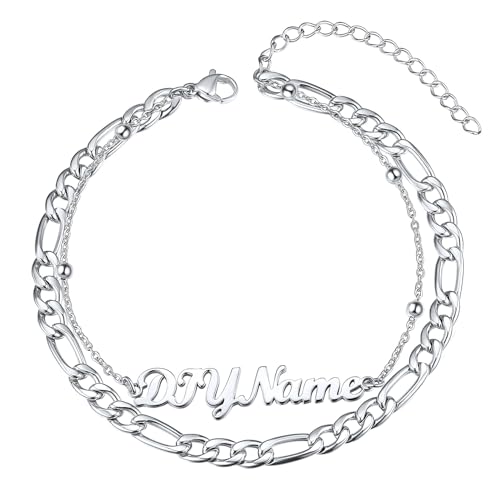 ChainsHouse Double Layer Anklet Bracelet for Women,Adjustable Chain Anklets Stackable Dainty Anklets,Stainless Steel/Gold Plated/Black Ankle Jewelry Gifts - color: A-Silver-Figaro Chain