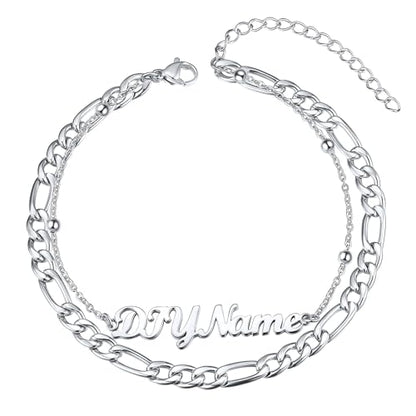 ChainsHouse Double Layer Anklet Bracelet for Women,Adjustable Chain Anklets Stackable Dainty Anklets,Stainless Steel/Gold Plated/Black Ankle Jewelry Gifts - color: A-Silver-Figaro Chain