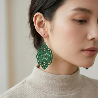 Boho Black Filigree Dangle Earrings for Women, Lightweight Hollow Lace Drop, Wood, 3.34" x 1.69", Bohemian Jewelry - color: Green