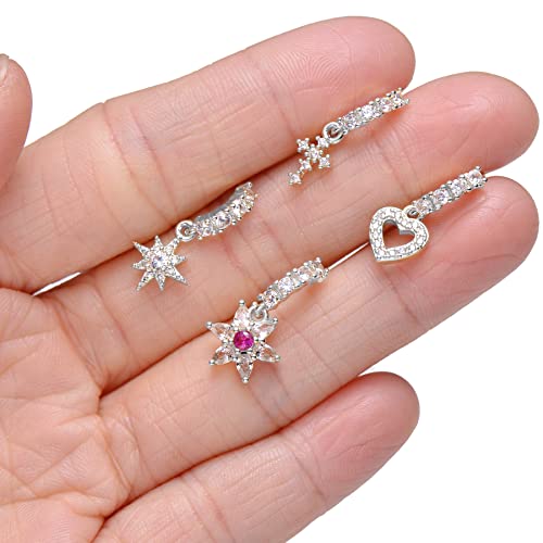 10Pcs Dangle Nose Rings Hoop Butterfly Heart Moon Flower Star CZ Cartilage Earring Dangling Nose Body Piercing Jewelry 20G Silver Rose Gold Black Tone - color: A:Silver Tone
