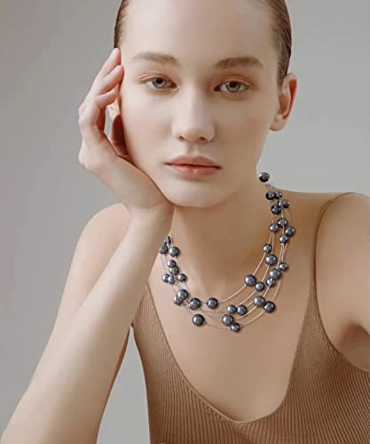 FULU AUTUMN Layered Pearl Necklace Multi-strand Pearl Choker Necklaces for Women Beaded jewelry for Wedding Parties - color: Dark grey
