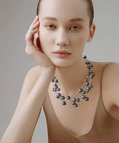FULU AUTUMN Layered Pearl Necklace Multi-strand Pearl Choker Necklaces for Women Beaded jewelry for Wedding Parties - color: Dark grey