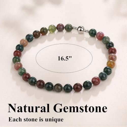 Chunky Gemstone Necklace for Women, 12mm Green Beaded Necklace, Hand-Knotted Beads Choker with Magnetic Clasp, Statement Jewelry, 16.5" - color: Indian Agate