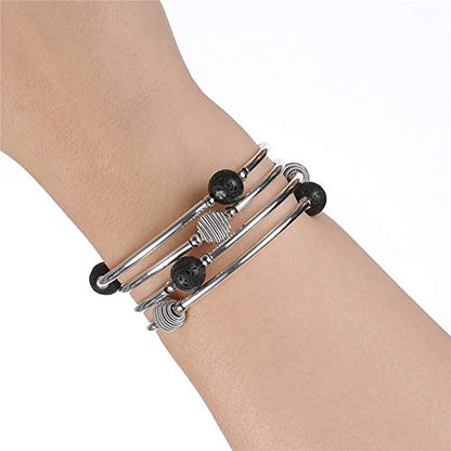 PEARL&CLUB Beaded Chakra Bangle Turquoise Bracelet - Fashion Jewelry Wrap Bracelet with Thick Silver Metal and Mala Beads, Birthday Gifts For Women - color: 63-Lava Black