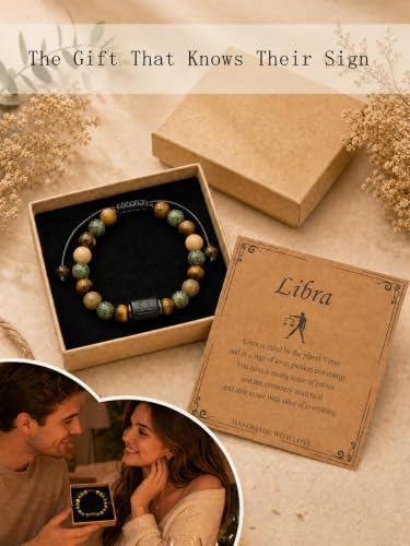 Zodiac Bracelet for Women and Men, Zodiac Sign Natural Stone Beaded Bracelet, Adjustable Horoscope Astrology Bracelet with Zodiac Card, Birthday Gift for Her Him - color: Libra