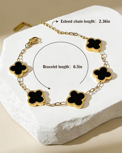 Four Leaf Clover Bracelet 18K Gold Plated Bracelets for Women Lucky Flower Design Stainless Steel Hypoallergenic Link Chain Adjustable Dainty Trendy Jewelry Gifts for Women - color: Black