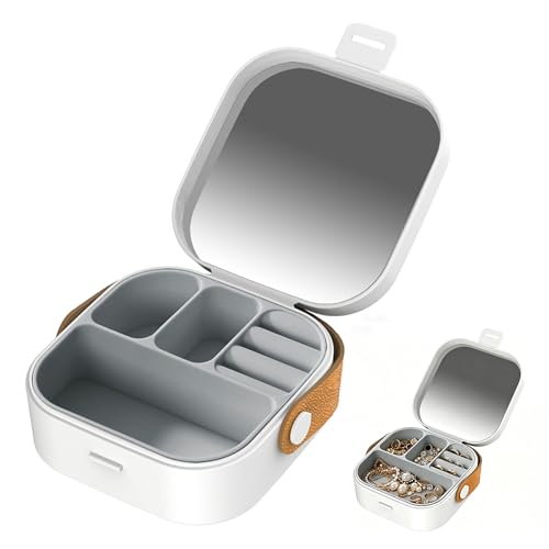 Mini Box Portable Travel Jewelry Box with Mirror, Multifunctional Storage Case for Earrings, Necklaces, Rings and Other Small Items (White) - color: White