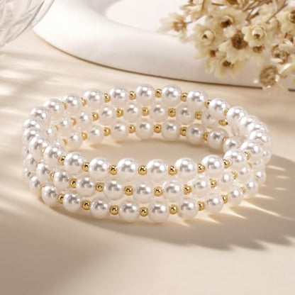 14K Gold Plated Beaded 3Pcs Stack Bracelets for Women, Dainty Trendy Freshwater Stackable Pearl Paperclip Cross Chain Gold Balls Stretch Accessories Jewelry Vacation Gift - color: pearl