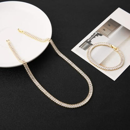 HZMAN Crystal Necklace Bracelet Jewelry Set for Women Dainty Rhinestone Choker Necklace Tennis Bracelet Cubic Zirconia Bridal Wedding Jewelry - color: Gold