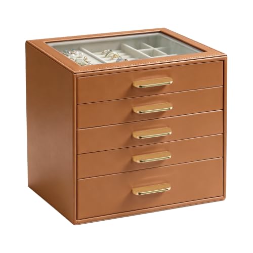 Homeanda Glass Lid Jewelry Boxes for Women, 5-Layer PU Leather Organizer with 4 Drawers, Display Storage for Rings Necklaces Earrings Bracelets Watches, Gift for Wife and Girls (Brown) - color: Brown, size: 5 Layer (9.7"D x 8"W)