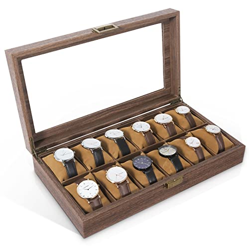 Uten Watch Box 12 Slots, Watch Case Organizer with Real Glass Lid, Wood Grain PU Leather Watch Display Storage Box with Removable Imitation Suede Watch Pillows, Metal Clasp | Watch Jewelry Box, Soft Pillow, Metal Clasp, for Watch Size up to 55mm, Gifts fo