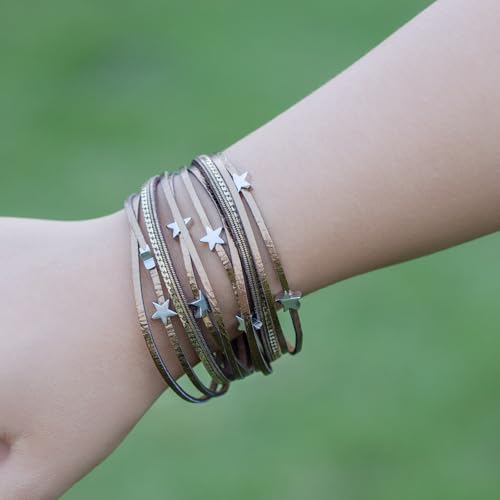Boho Cute Star Leather Wrap Bracelets Stackable Western Chunky Jewelry | Bohemian Statement Layered Stack Magnetic Clasp Cuff Bangle Fashion Festival Hippie Cowgirl Country Outfits for Women Trendy - color: Bronze