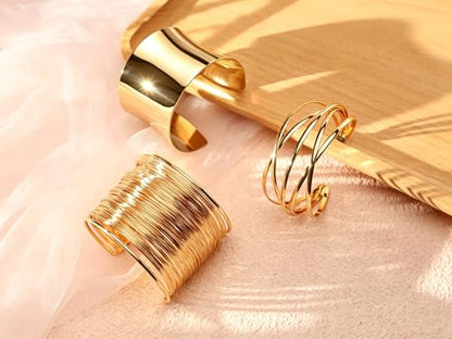 3PCS Gold Chunky Cuff Bracelets for Women Irregular Minimalist Statement Bangle Bracelets Set Open Wide Bangle Arm Cuff Upper Arm Punk Jewelry - color: 3PCS Bracelet Style 2