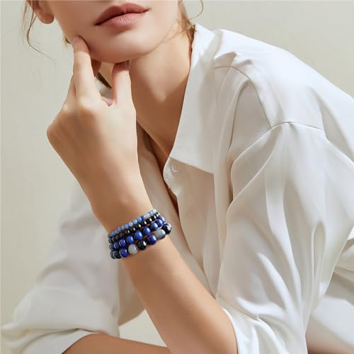 Vinswet 4pcs Beaded Bracelets for Women,Natural Healing Crystal Gemstones Bracelet,Anxiety Stress Relief Bracelet Handmade purple Jewelry Gifts for Women - color: Blue Aventurine&Black Obsidian&lapis lazuli