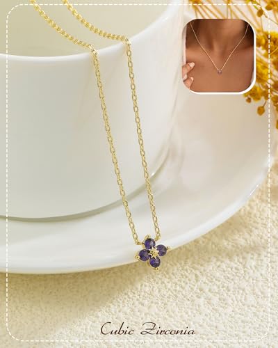 ZHESHY Birthstone Gold Necklaces for Women Dainty 14K Gold Plated Necklace | Simple Non Tarnish Diamond Cubic Zirconia Pendant Necklaces Women Gold Trendy Jewelry Bridesmaid Birthday Gifts - color: Dark Purple February