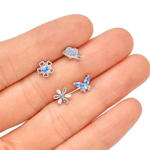 Tornito 16Pcs Nose Rings L Shaped Nose Stud Stainless Steel Butterfly Flower Leaf Heart Moon Dangle Nose Stud Ring Body Piercing Jewelry for Women Men 20G Pink Blue Clear CZ - color: C: Blue