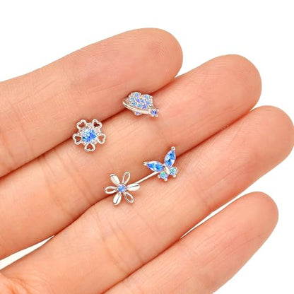 Tornito 16Pcs Nose Rings L Shaped Nose Stud Stainless Steel Butterfly Flower Leaf Heart Moon Dangle Nose Stud Ring Body Piercing Jewelry for Women Men 20G Pink Blue Clear CZ - color: C: Blue