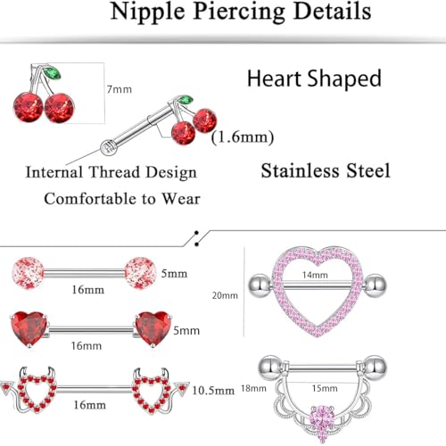 TIANCI FBYJS 6 Pairs Nipple Rings Stainless Steel Heart Butterfly Moon Flower CZ Stud Barbell Tongue Rings Set Cute Nipplerings Piercing Jewelry for Women Pink Tone - color: red