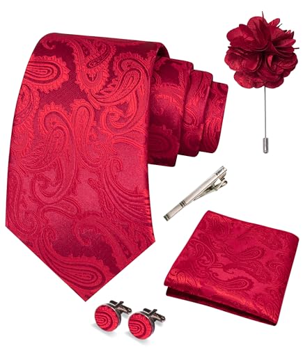 JEMYGINS Mens Paisley Tie and Pocket Square,Lapel Pin,Cufflinks,Tie Clip Sets with Gift Box 5PCS - color: Red