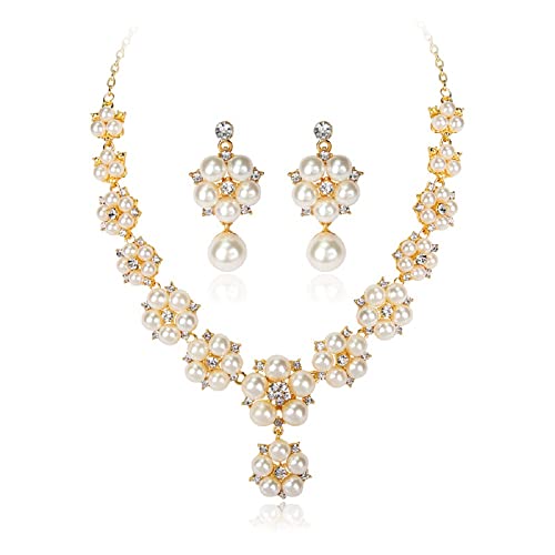 3pcs Charm Gold Water Drill Pearl Necklace Earrings Set Handmade Grinding Fashion Trend Jewelry Elegant Dignified Harmonious Color Matching Jewelry Gift for Woman Prom Party