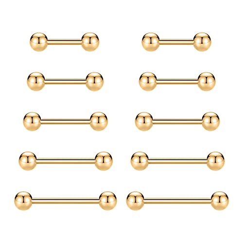 GAGABODY 5 Pairs Nipple & Tongue Rings - 14G Surgical Steel Screw Barbell - Straight, 12mm-20mm - color: Gold