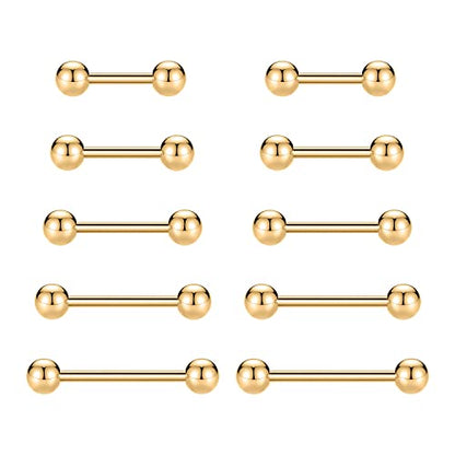 GAGABODY 5 Pairs Nipple & Tongue Rings - 14G Surgical Steel Screw Barbell - Straight, 12mm-20mm - color: Gold