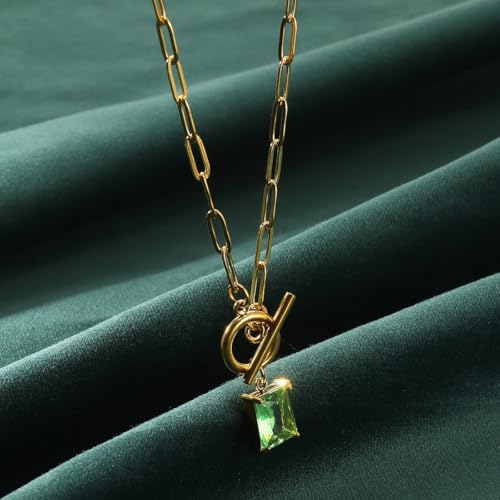 Diamond Necklaces for Women Natural Stone Paperclip Toggle Necklace 14K Gold Plated Emerald Birthstone Necklace for Women Paper Clip Chain Blue Green Cubic Zirconia Pendant Birthday Gifts for Women Mother Jewelry - color: 08. August(Peridot)