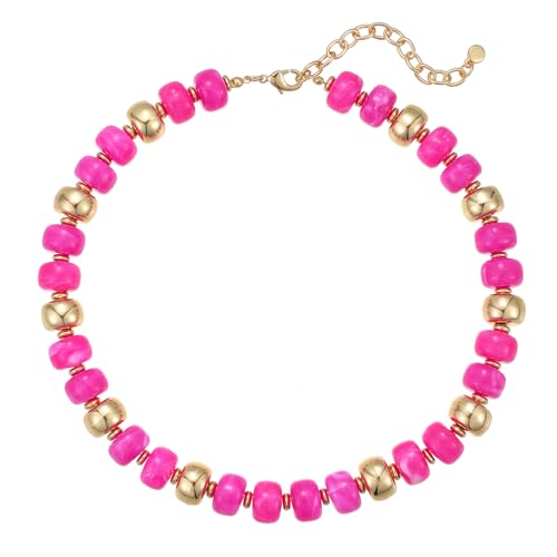 Resin Chunky Colorful Beaded Necklace | Adjustable Boho Statement Necklace,Summer Beach Party Jewelry - color: Hot Pink