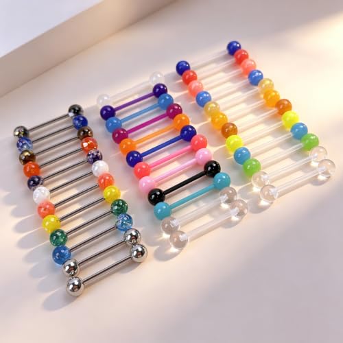14G Flexible Plastic Tongue Ring Stainless Steel Tongue Barbell | Acrylic Cat's Eye Imitation Opal Glow in Dark Tongue Piercing Jewelry for Women Men 16mm Bar - style: 36PCS