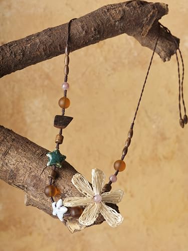 MINACHI Handmade Braided Necklace for Women, Wooden Beads, Rattan Charm, Vintage Style, Gift Jewelry - style: Necklace R21-035