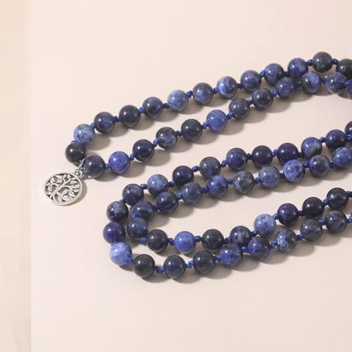 108 Mala Beads Necklace Semi-Precious Gem Stones Meditation Necklace 108 Hand Knotted Japa Mala Beaded Tassel Necklace with Tree of Life Pendant - color: Flower Blue-Veins