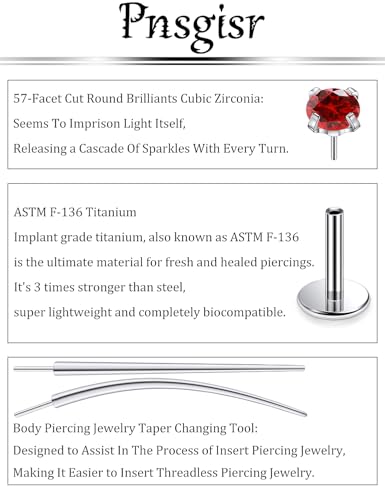 F136 Titanium 20/18/16G Earrings Nose Lip Rings Medusa Tragus Cartilage Helix Labret Flat Back Threadless Implant Grade Stud Piercing Jewelry for Women - color: Red CZ, size: 16g*6/8/10mm*2/3/4mm