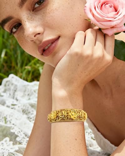 Intricate Floral Pattern Cuff Bracelet for Women - Sterling Silver Bangle, Bohemian Chunky Wide Bracelet Silver & Gold - color: Gold-B