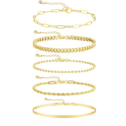Kyerlyn Gold Bracelets for Women Waterproof, 14K Real Gold Jewelry Sets for Women Trendy Dainty Stackable Cuban Link Paperclip Chain Bracelet Pack Fashion Accessories Gifts - style: G-4
