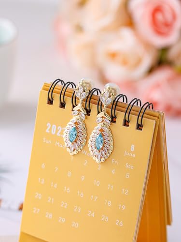 Clip On Crystal Dangle Non Pierced Earrings for Women 14K Gold Plated Jewelry - color: May-Emerald-Rose Gold
