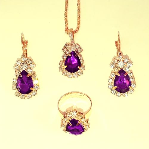 Jewelry Set for Women Love Heart Alloy Artificial Crystal Earrings Pendant Necklace Ring Wedding Party Prom Anniversary Birthday Engagement for Bridal Bridesmaid Girlfriend - color: purple water drop