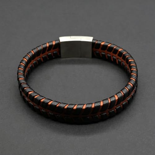 Men's Leather Bracelet, Stackable Stainless Steel Clasp Bracelets for Men Stylish Birthday, Thanksgiving, Valentine's Day Gift for My Man (8.4" Orange and Black) | Men's Accessory, Leather Band, Stainless Steel, Wrist Bracelet
