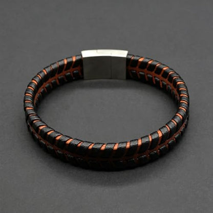 Men's Leather Bracelet, Stackable Stainless Steel Clasp Bracelets for Men Stylish Birthday, Thanksgiving, Valentine's Day Gift for My Man (8.4" Orange and Black) | Men's Accessory, Leather Band, Stainless Steel, Wrist Bracelet