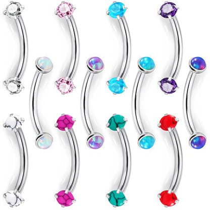 Jenxnjsjo 16g 8/10mm Eyebrow/Rook/Snug/Vertical-Labret/VCH/Snake-Eyes/Anti-Tragus/Cartilage/Daith/Belly-Button/Bridge/Hood/Surface Curved Barbell Piercing Jewelry for Women Men - color: Opal-B / Turquoise-P / CZ-P, size: 8mm