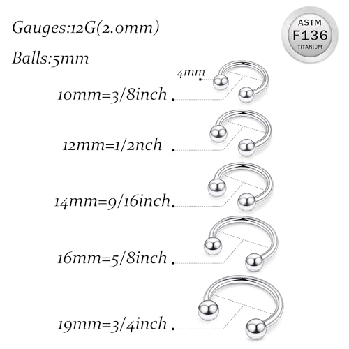 Ruifan 20G 18G 16G 14G 12G Horseshoe Nose Ring Titanium Septum Rings Piercing Jewelry Cartilage Conch Helix Rook Lip Tragus Earring Hoop Eyebrow Retainer For Women Men 6mm 8mm 10mm 12mm 14mm 16mm 19mm - size: Ball: 12G - 16MM
