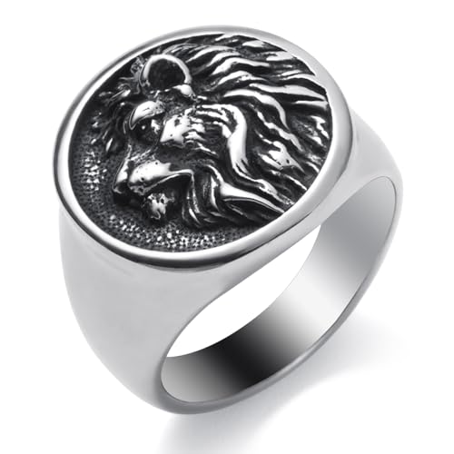 Mens Signet Ring Stainless Steel Lion Eagle Head Statement Rings Jewelry for Men Size 8/9/10/11/12/13 - style: Lion