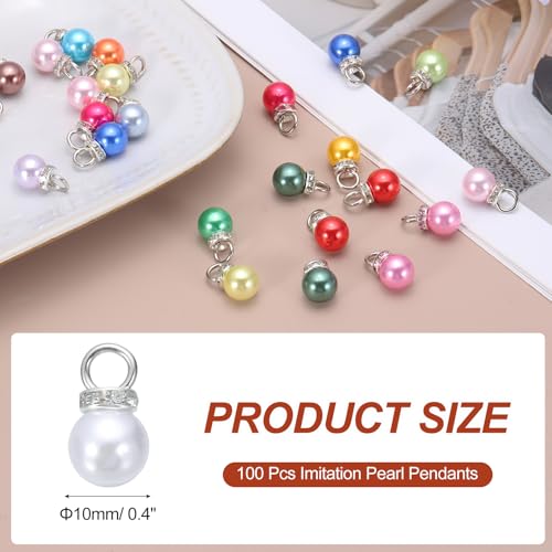MECCANIXITY 100Pcs Imitation Pearl Pendant 10mm Faux Pearl Beads with Rhinestone for Dangle Jewelry Making Earrings Necklace Bracelets Crafts, White - color: White