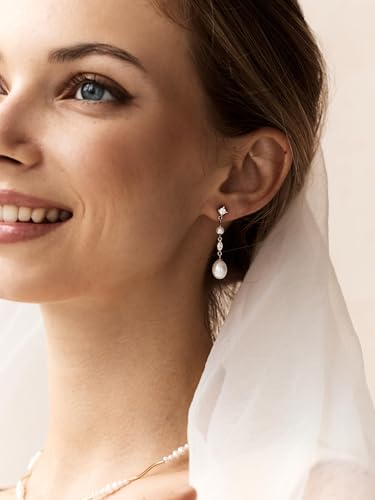 Pearl Earrings for Women, 14k Gold Plated Trendy Diamond Pearl Drop Earrings Hypoallergenic Dainty Bridal Gifts Wedding jewelry for Women - color: Gold-Pearl Style E
