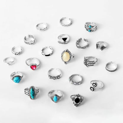 Bohemian Toe Rings for Women Vintage Turquoise Stackable Toe Ring Set Summer Hawaiian Beach Adjustable Toes Rings Ocean Foot Jewelry - style: 21PCS