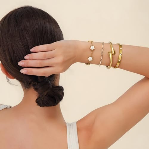 Mothers Day Gifts for Mom 18K Gold-Plated Bracelet Set – Floral Clover, Tennis, Chunky Adjustable Twist Cuff, Classic Gold-plated Bangle Stainless Steel, Non Tarnish, Stackable Bracelet Gift for Women - style: YR floral white
