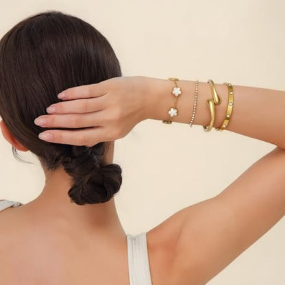 Mothers Day Gifts for Mom 18K Gold-Plated Bracelet Set – Floral Clover, Tennis, Chunky Adjustable Twist Cuff, Classic Gold-plated Bangle Stainless Steel, Non Tarnish, Stackable Bracelet Gift for Women - style: YR floral white
