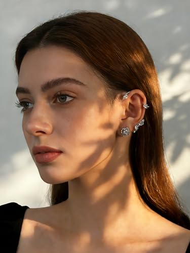 2PCS Flower Tassel Zircon Earrings Ear Cuffs No Piercing Flower Climber Wrap Around Earrings Pearl Drop Earrings for Women Fairy Ear Clip Dainty Wedding Earrings for Brides - color: Style 1 - Silver