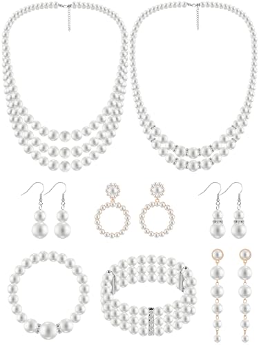 BBTO 8 Pcs Pearl Necklace and Earrings Set for Women Pearl Jewelry Set Faux Necklace Earrings Simulated Bracelets - style: Graceful Style